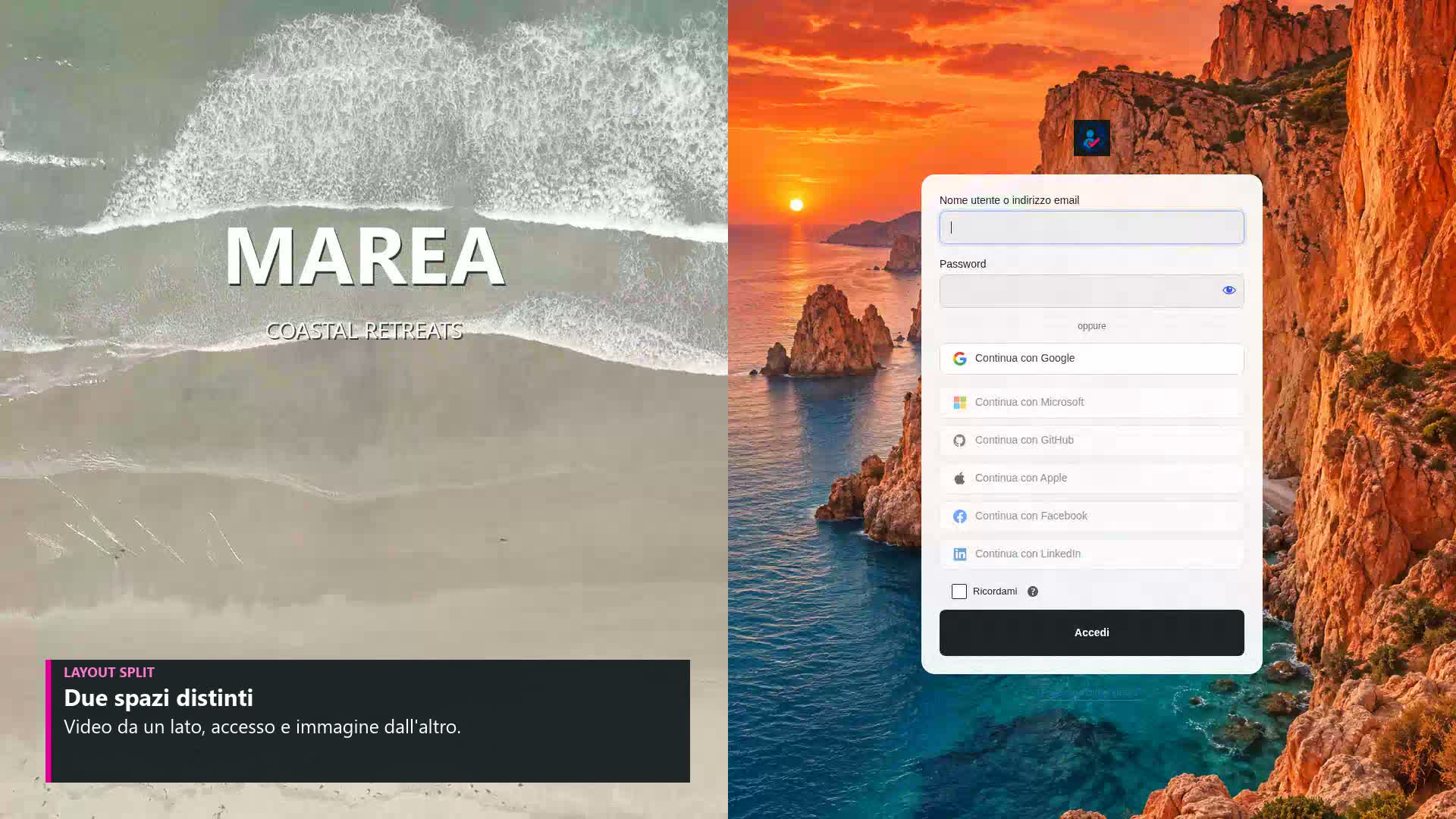 Layout split della login reale Smart Login Premium