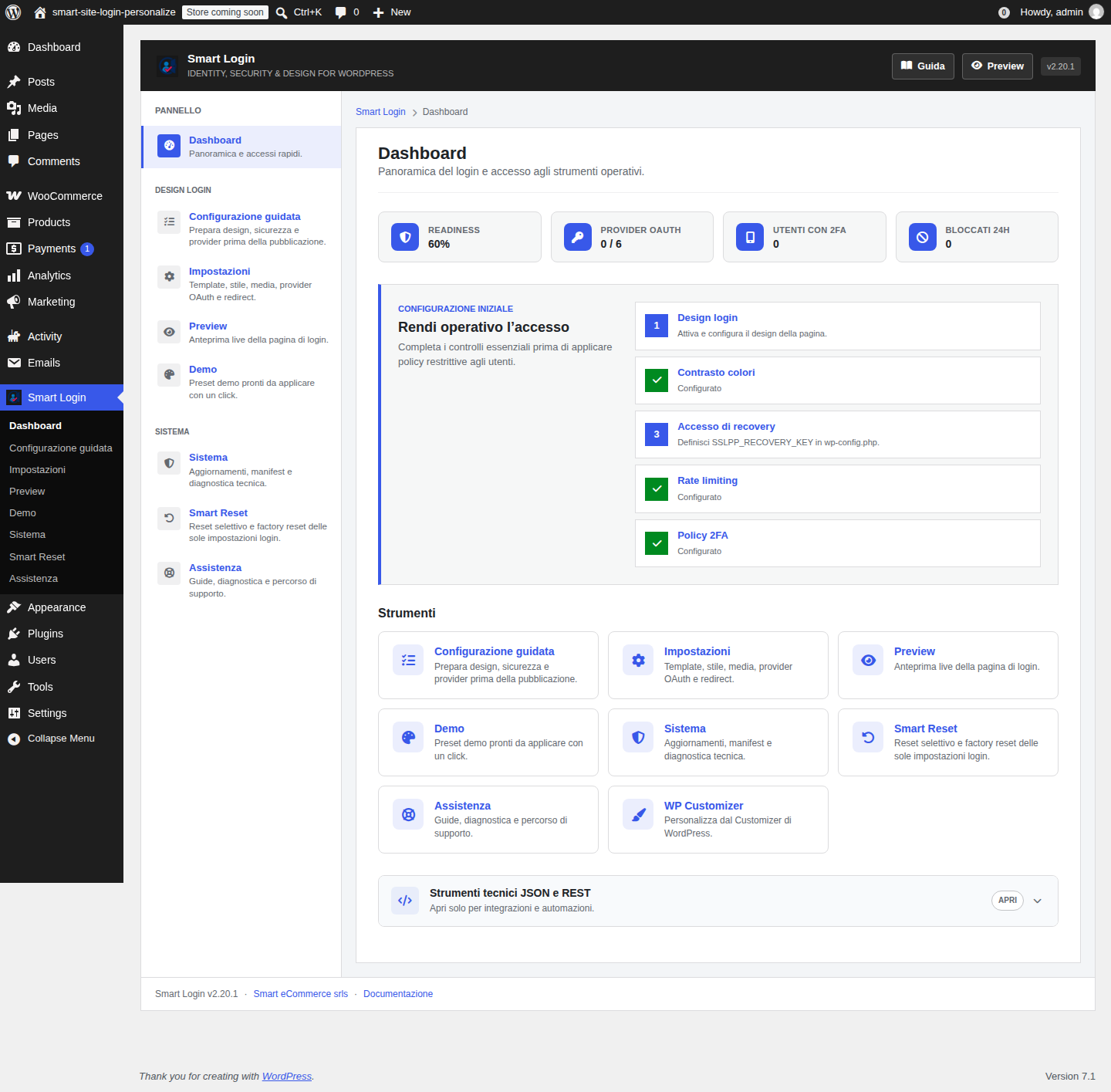 Dashboard operativa di Smart Login in WordPress