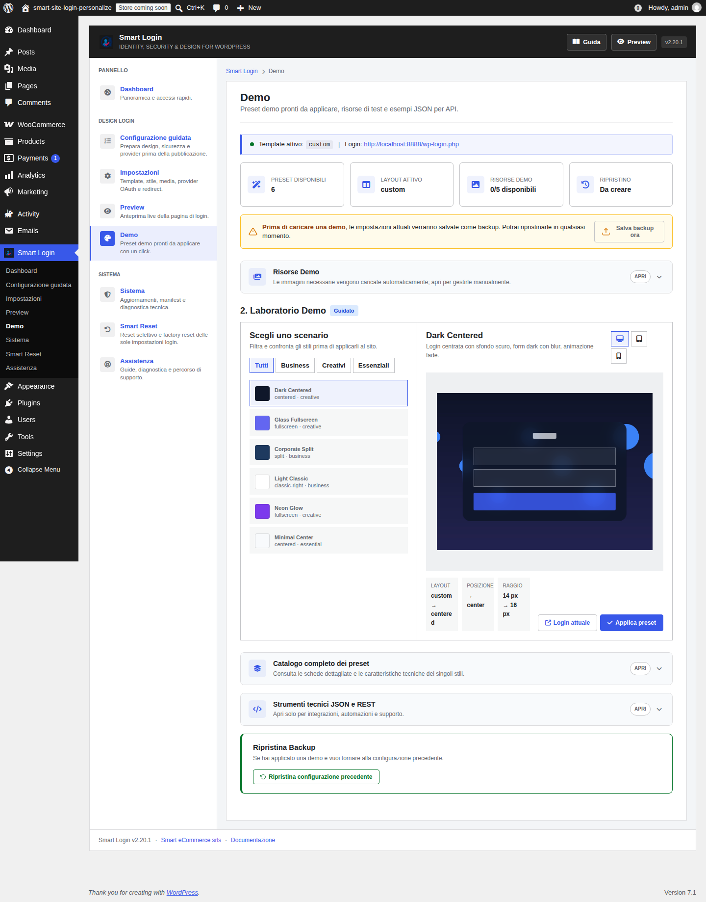 Preset e risultati visivi disponibili in Smart Login