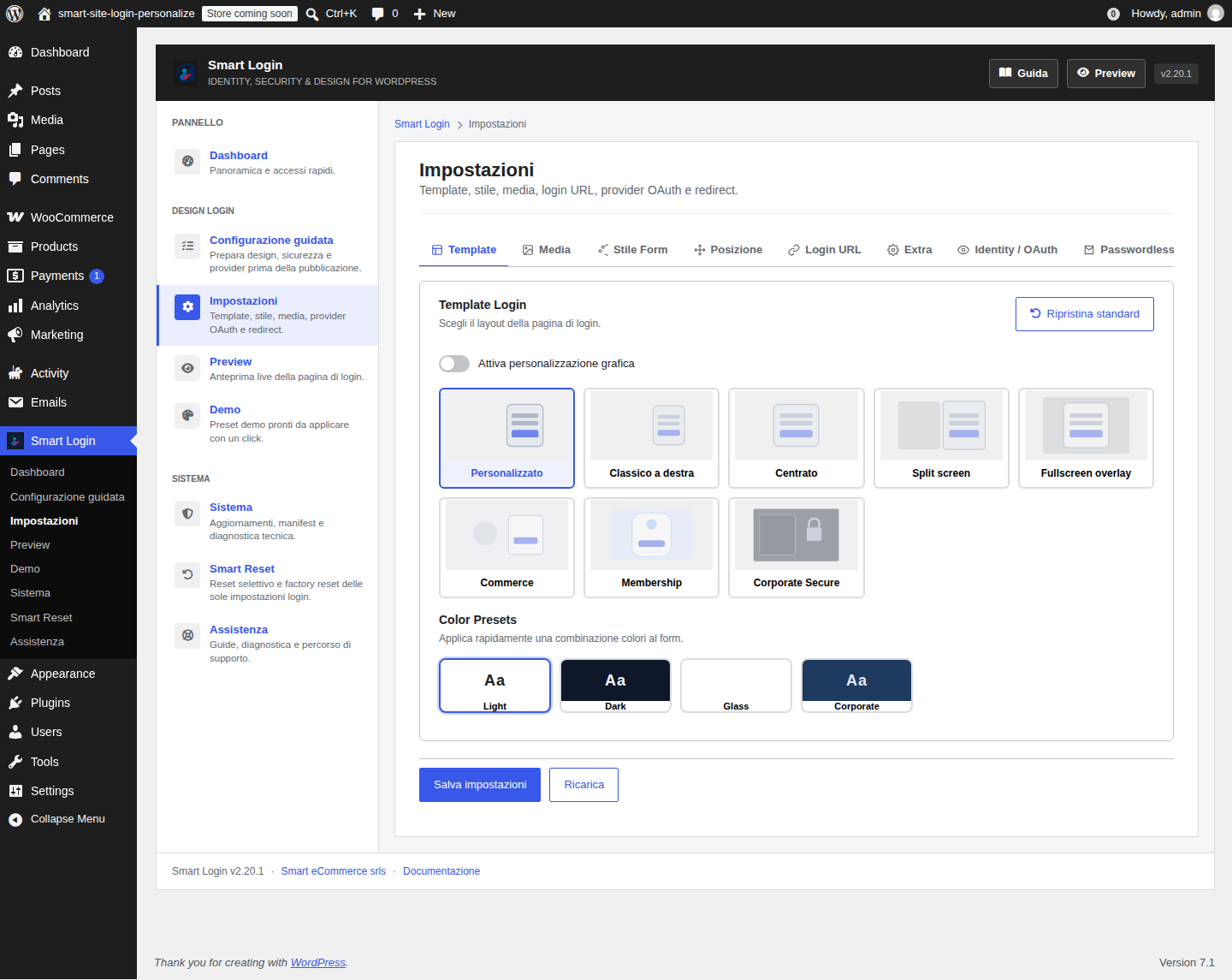 Impostazioni di design della pagina login