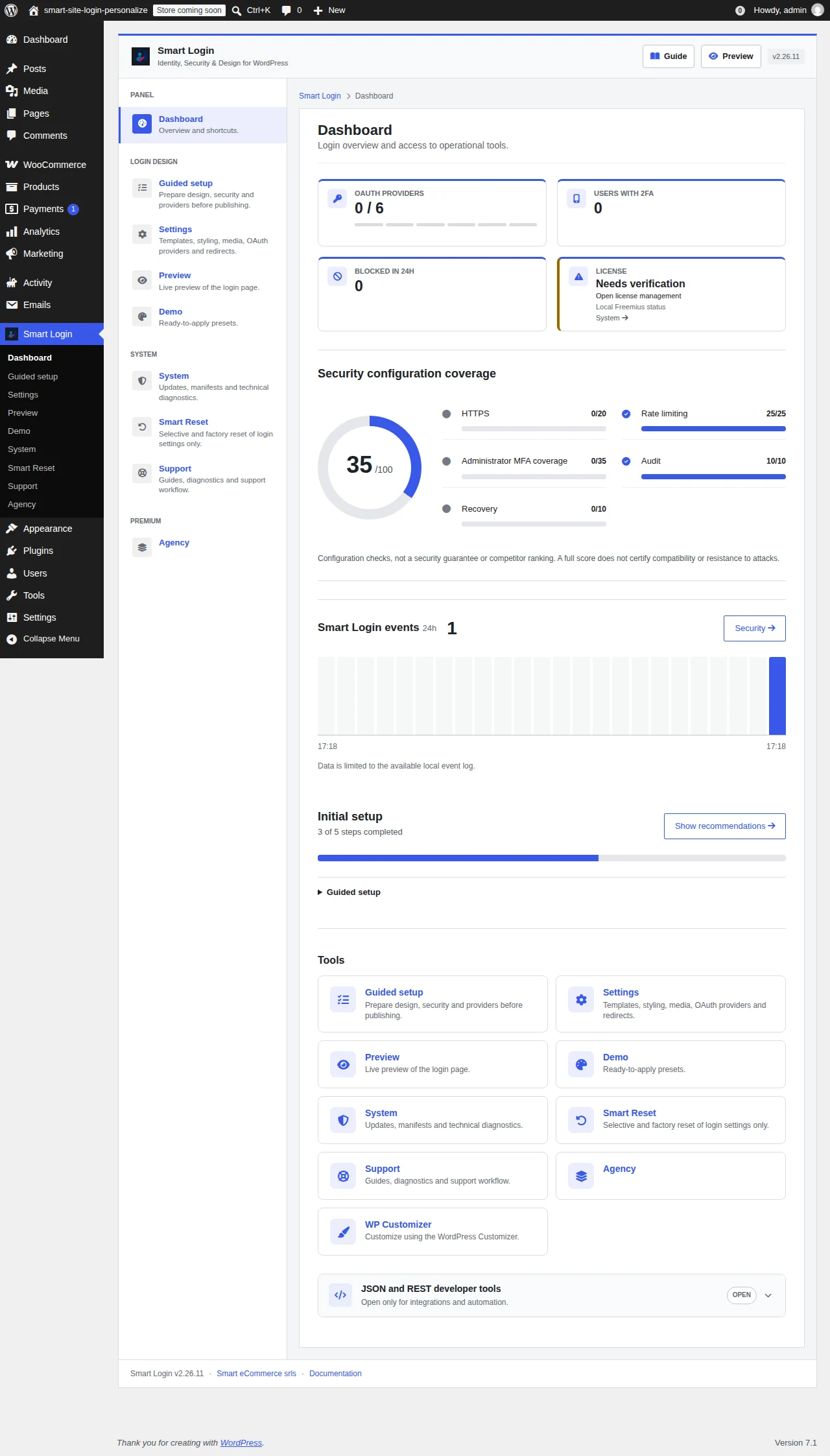 Dashboard Smart Login 2.26.11 con indicatori, copertura della configurazione e attività
