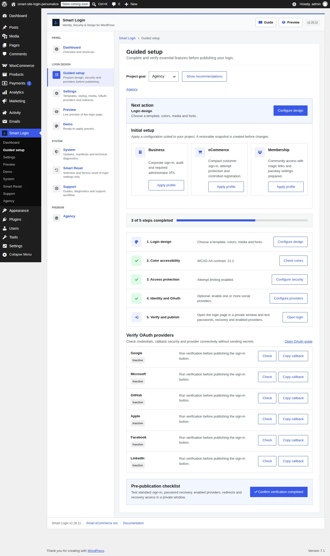 Configurazione guidata Smart Login con obiettivi del progetto e passaggi da completare